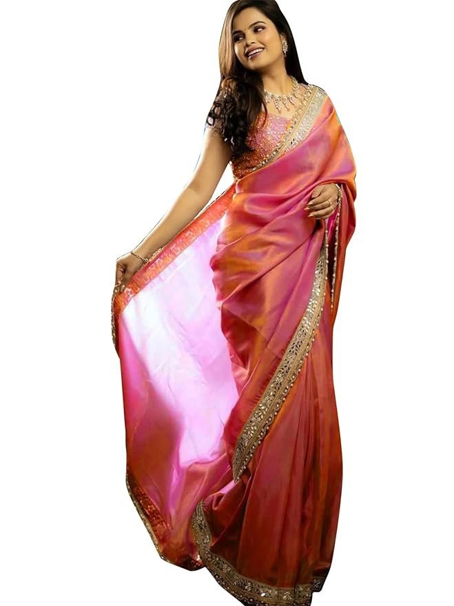 611hjBDRHuL._SY879_ Women's Tissue Embellished Lace Work Saree with Unstitched Blouse Piece - Image 1