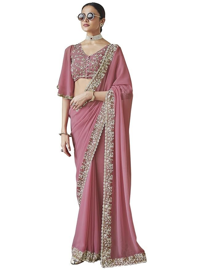 812VJNC8VwL._SY879_ Women's Georgette Embroidery work Saree with Blouse Piece - Image 1