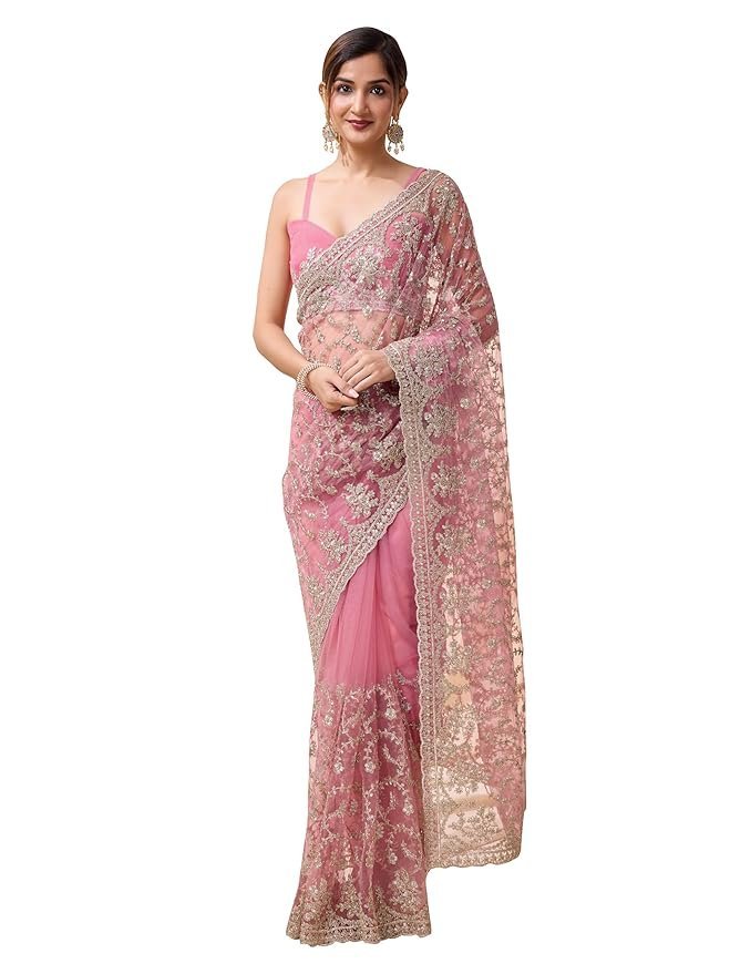 81hx831KsBL._SY879_ Women's Net Embroidery Saree with Blouse Piece - Image 1