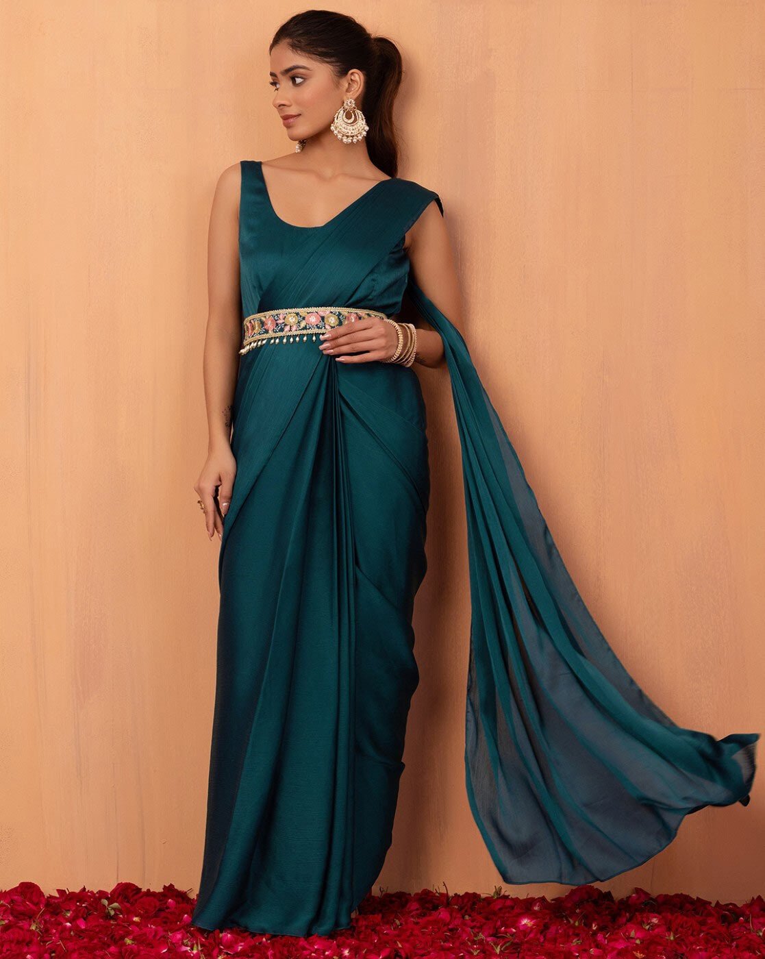 -1117Wx1400H-466495959-blue-MODEL Women Ready to Wear Saree with Attached Blouse & Embroidered Belt - Image 1